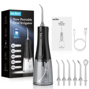 SEJOY Water Dental Flosser Pick Oral Irrigator for Teeth 5 Modes Cordless Portable 350ML Larger Tank Water Waterproof,Black